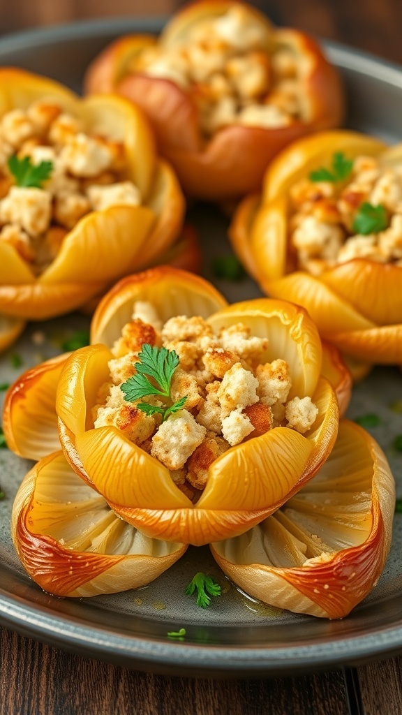 Stuffed Onion Flower Recipe A baked stuffed onion flower with golden petals filled with breadcrumbs and cheese, garnished with parsley.